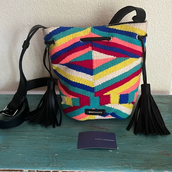 NWOT Rebecca Minkoff Wonderland Woven Bucket Bag Purse Boho Black Tassels NEW - Picture 2 of 10